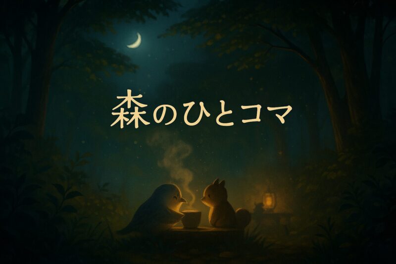 森の夜、湯気の立つ湯のみを囲むモーリーとレコルの挿絵