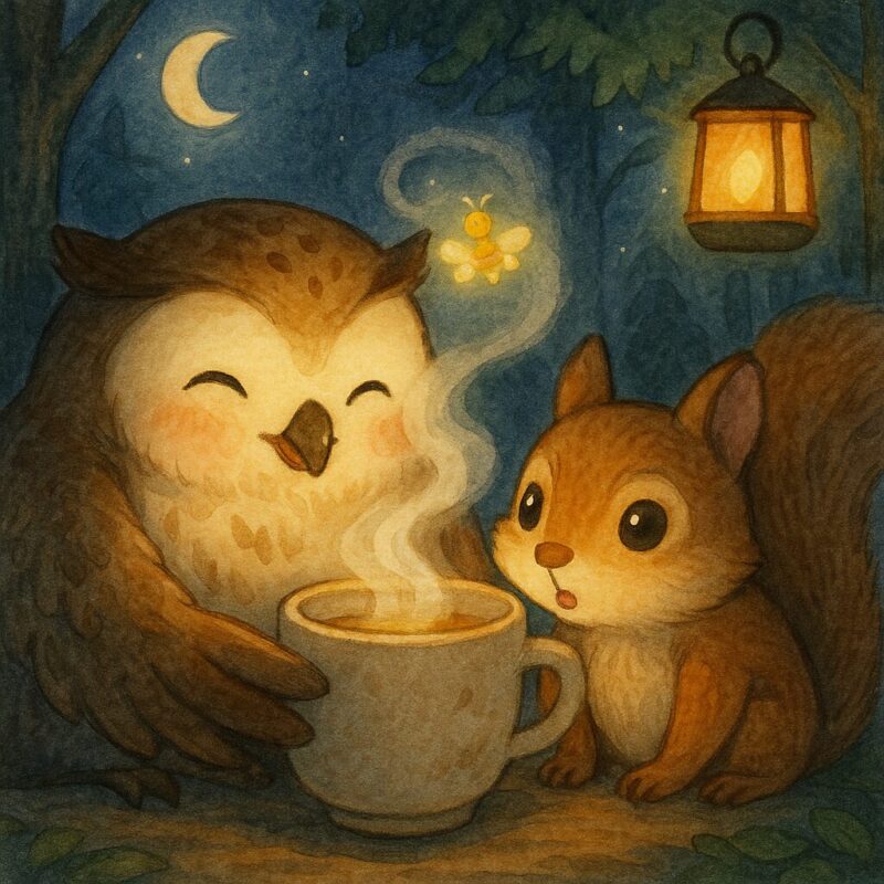 湯気の立つカップを羽で包むモーリーと、驚いたように見つめるレコルの挿絵