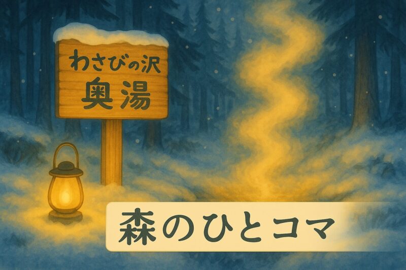雪の森に立つ「わさびの沢 奥湯」の看板とランタン。湯けむりが漂う夜のアイキャッチ画像。