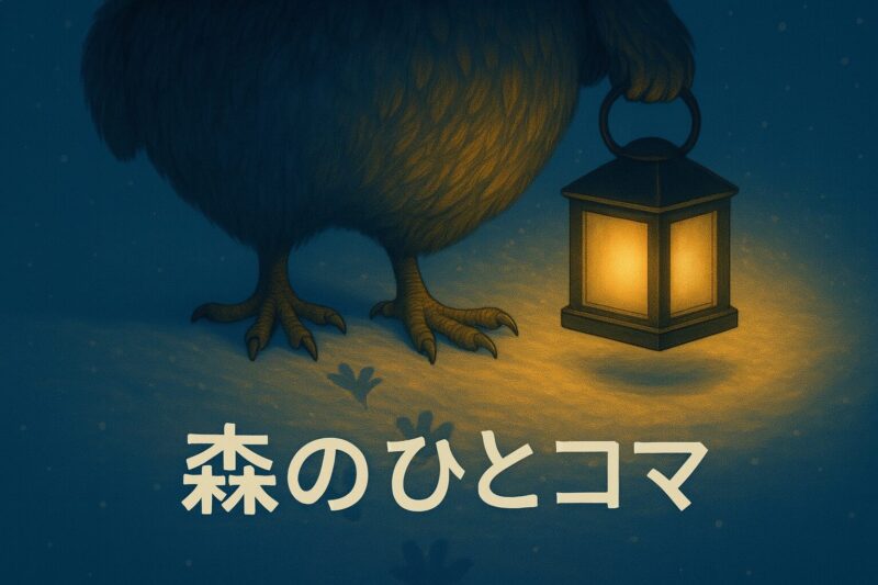 雪の上に残るモーリーの足跡と、ランタンの灯りが照らす夜の森のワンシーン