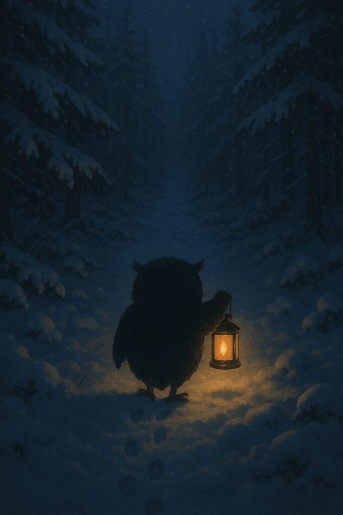 雪の森をランタンを手に歩くモーリーの後ろ姿と足跡のイラスト