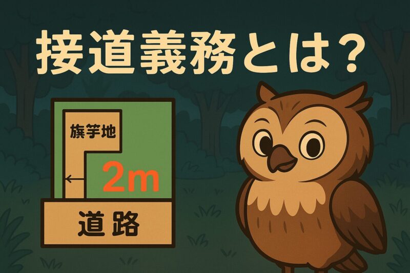 フクロウのモーリーが、旗竿地の通路が2m以上ある必要性を図解で説明しているアイキャッチ画像。「接道義務とは？」の文字入り。
