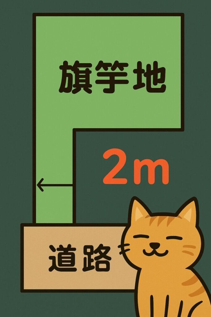 道路に2m接した旗竿地を図解した縦長イラスト。下部にニャッタが笑顔で座っている。