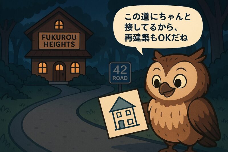 42条道路に接道していることを確認するモーリーのイラスト。