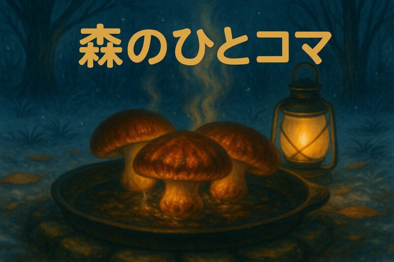 夜の森で、丸い鉄板の上に美味しそうに焼けたしいたけが並ぶアイキャッチ画像