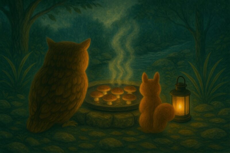 わさびの沢のほとり、モーリーとレコルが丸い鉄板の上で焼けるしいたけを見つめている挿絵