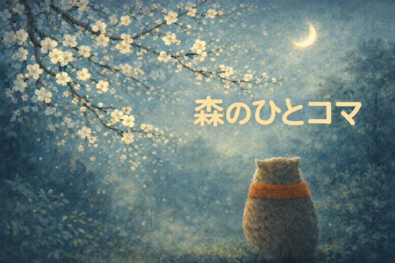 夜の森で梅の花を見上げるフクロウのモーリーの後ろ姿