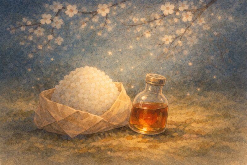 梅の木の下に置かれた大きなおにぎりと小さな梅酒の瓶