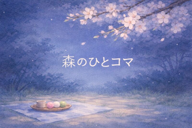 夜の森の広場に咲く夜桜と舞い落ちる花びら。敷物の上には三色団子が並ぶ、春の情景。