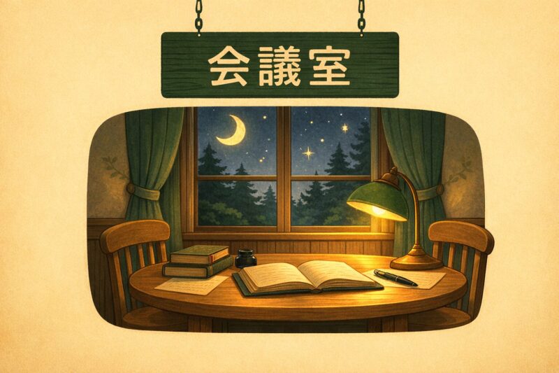 夜の森の会議室の入口