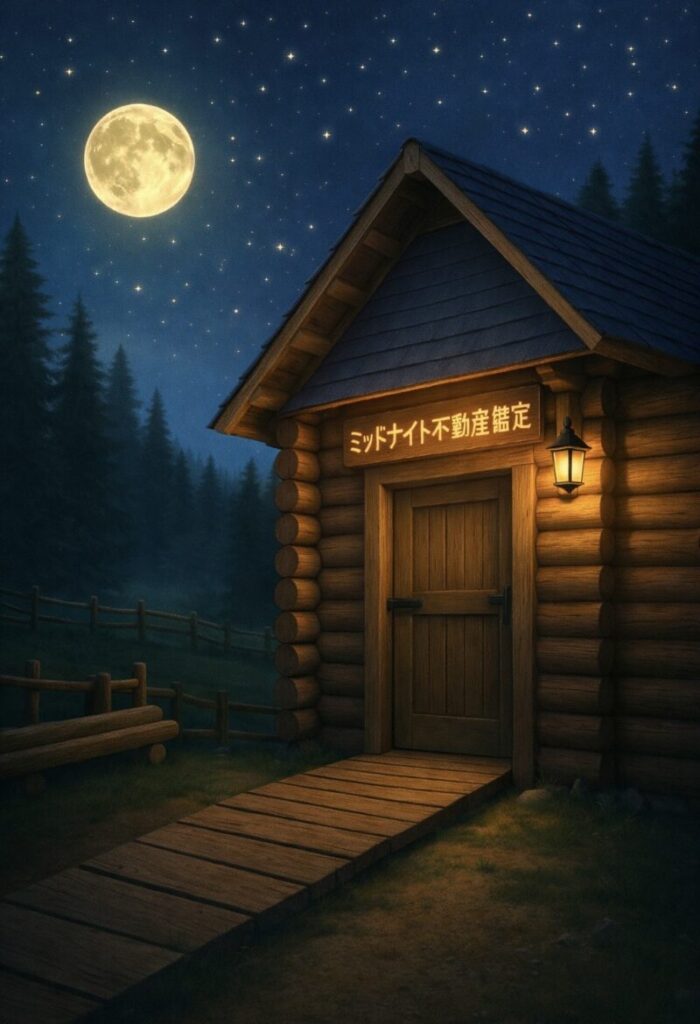 夜の森の小屋の入口