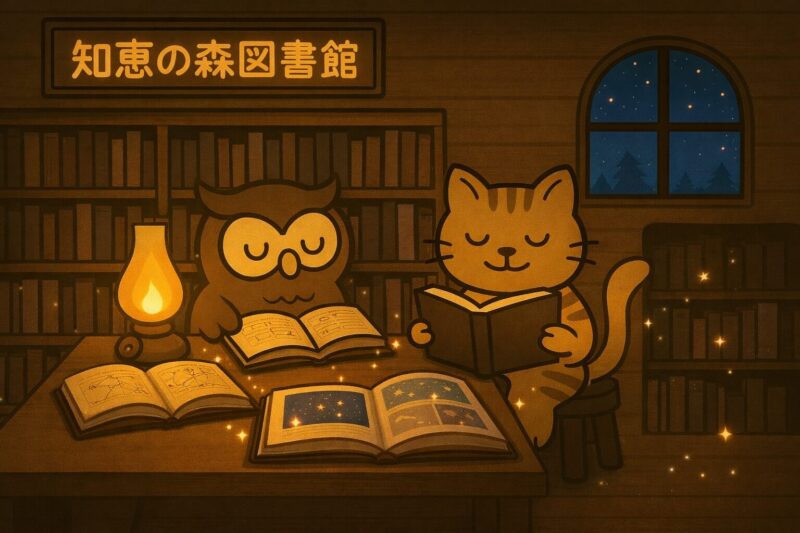 知恵の森図書館で本を読むフクロウとヤマネコ、ランプに照らされた室内の様子