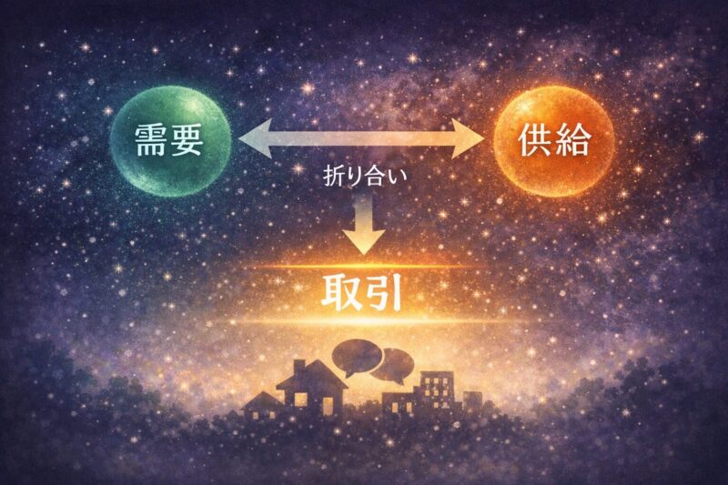 需要と供給が折り合い、取引が成立する関係を示した図