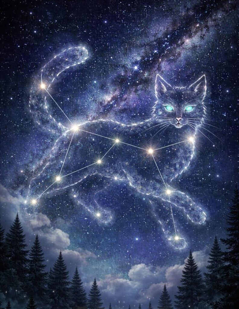 夜空にヤマネコの星座が浮かび、星が線でつながって見える様子