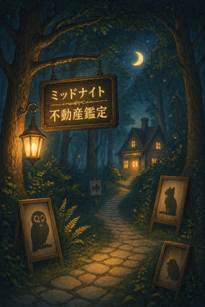 夜の森の中、ミッドナイト不動産鑑定の看板とランプに照らされた事務所へ続く小道