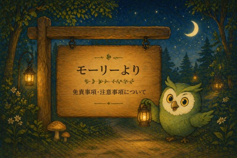 免責事項の案内板とフクロウのイラスト