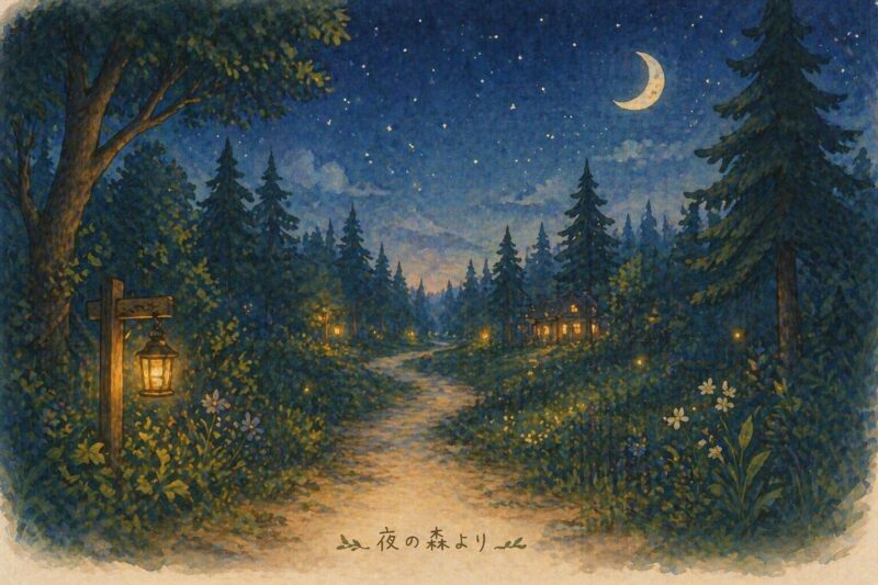 夜の森の小道と灯りの風景