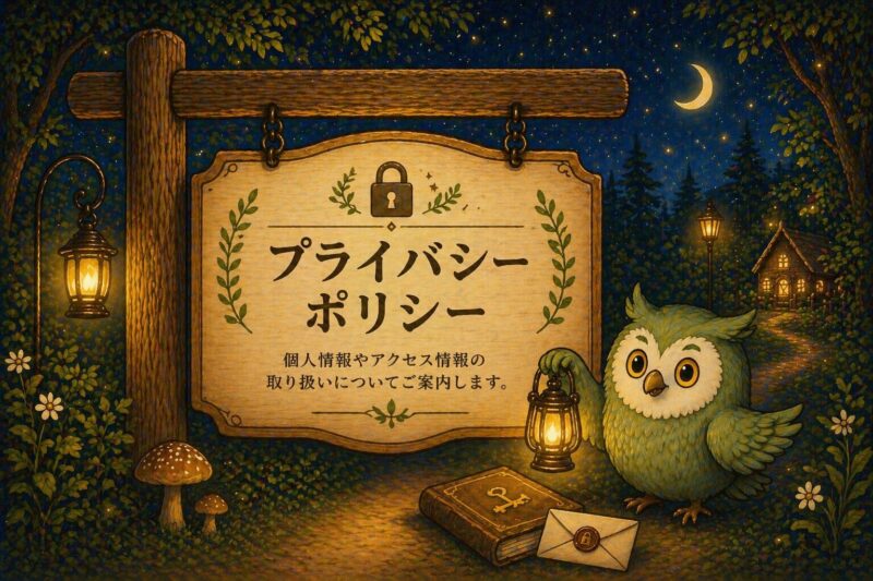 プライバシーポリシーの案内板とフクロウのイラスト