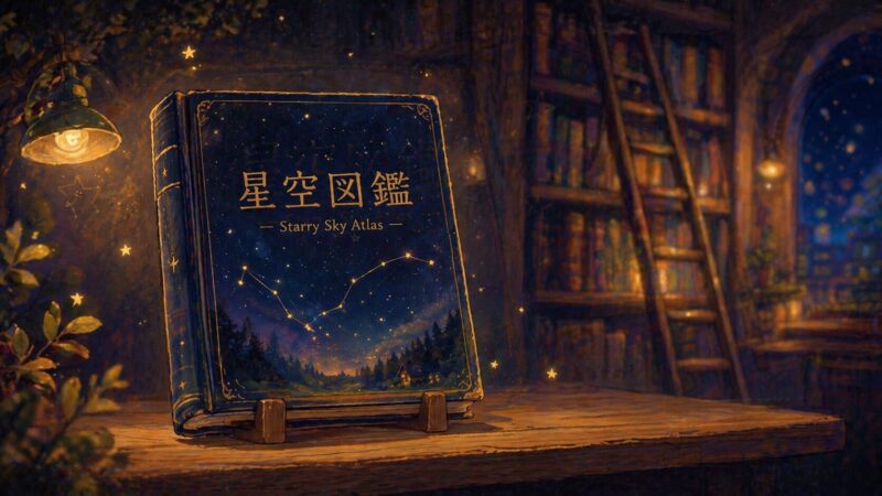 図書館の棚に置かれた「星空図鑑」の本と、星座が描かれた表紙