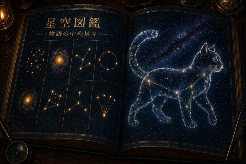 星空図鑑の見開きページに描かれた星と、ヤマネコの形をした星座