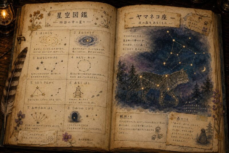 星空図鑑の見開きページに描かれた星と、ヤマネコの形をした星座